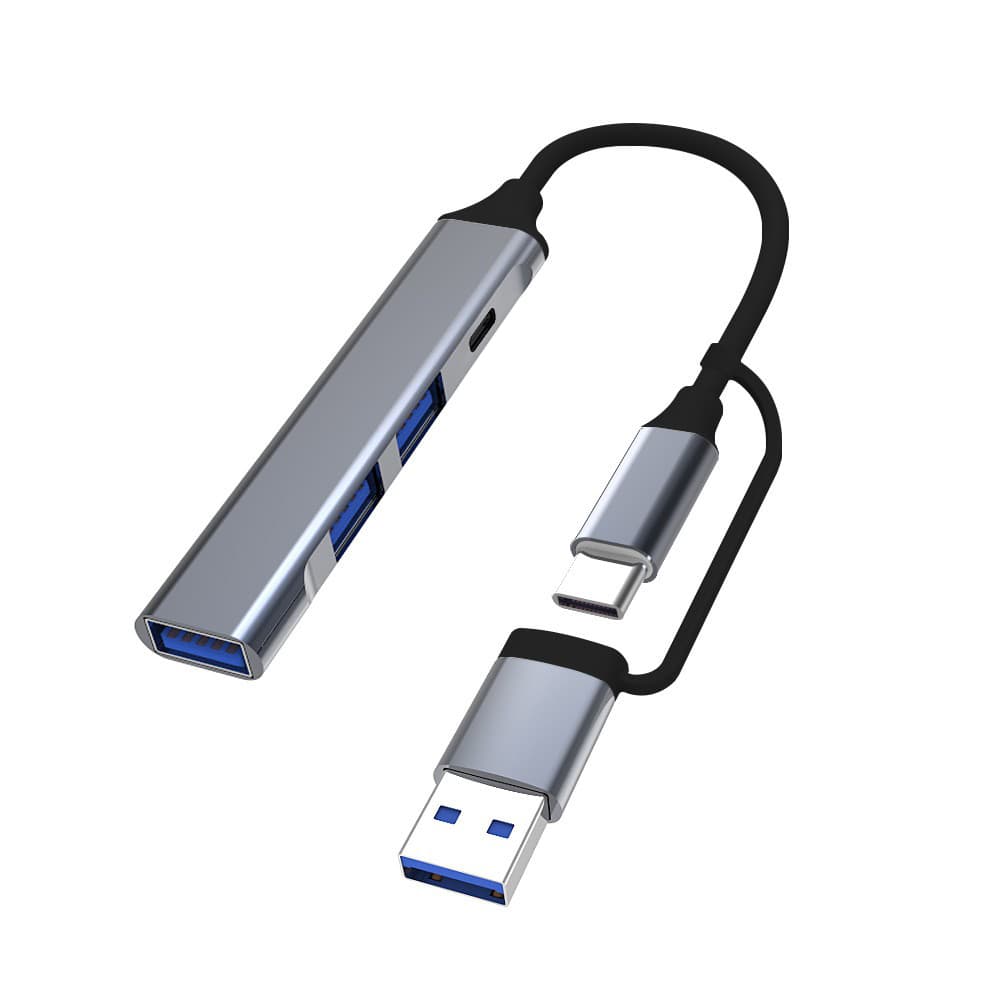 Хаб Dynamode USB Type-C/Type-A на 4 порти: 1х USB3.0-C, 1х USB3.0-A, 2x USB 2.0-A, метал,темно-сірий