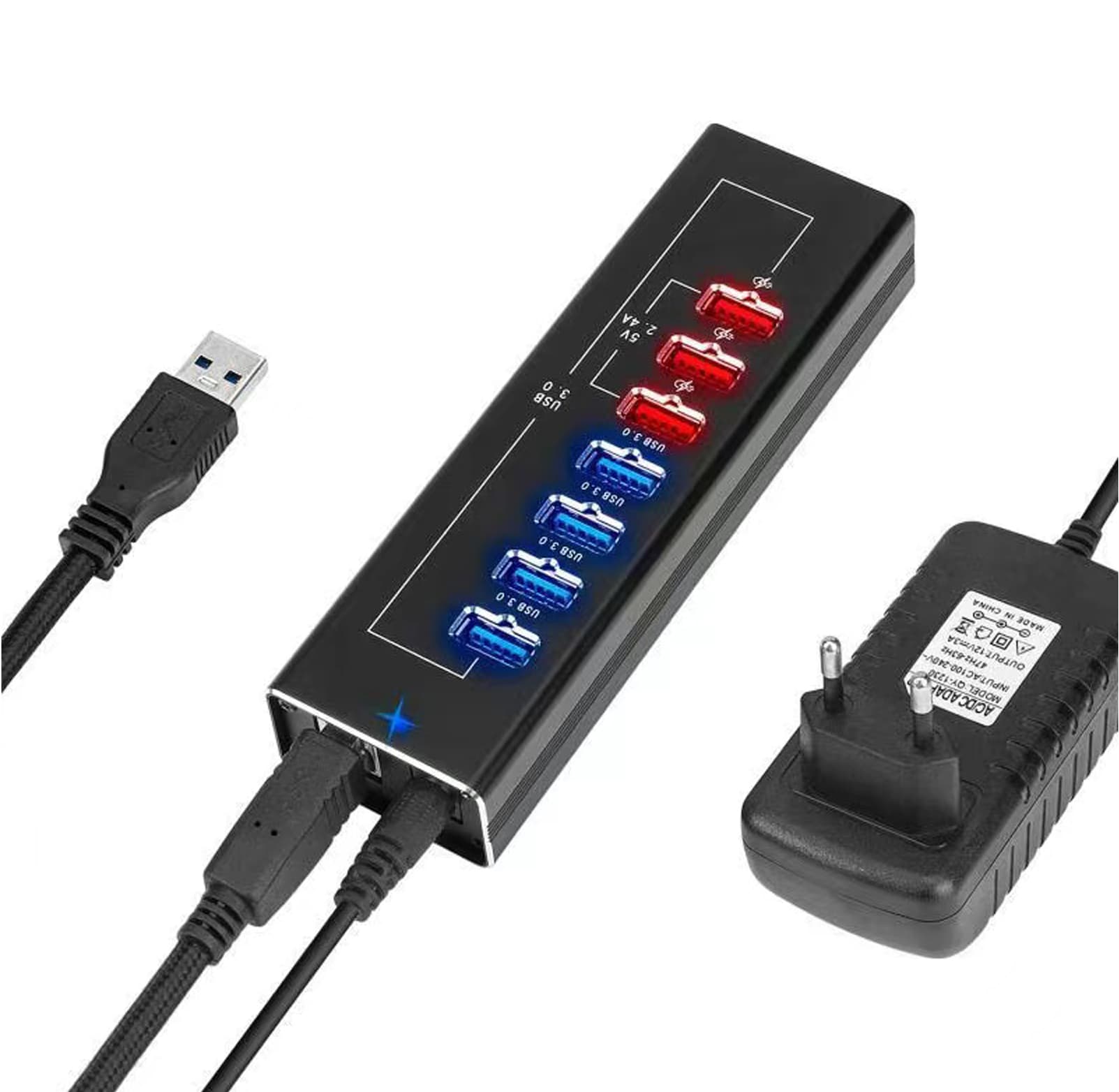 Хаб USB Dynamode 7 портів USB 3.0 - 4*USB3.0 передача даних +3*2,4А зарядка, з БЖ 3А/12В, метал чорн