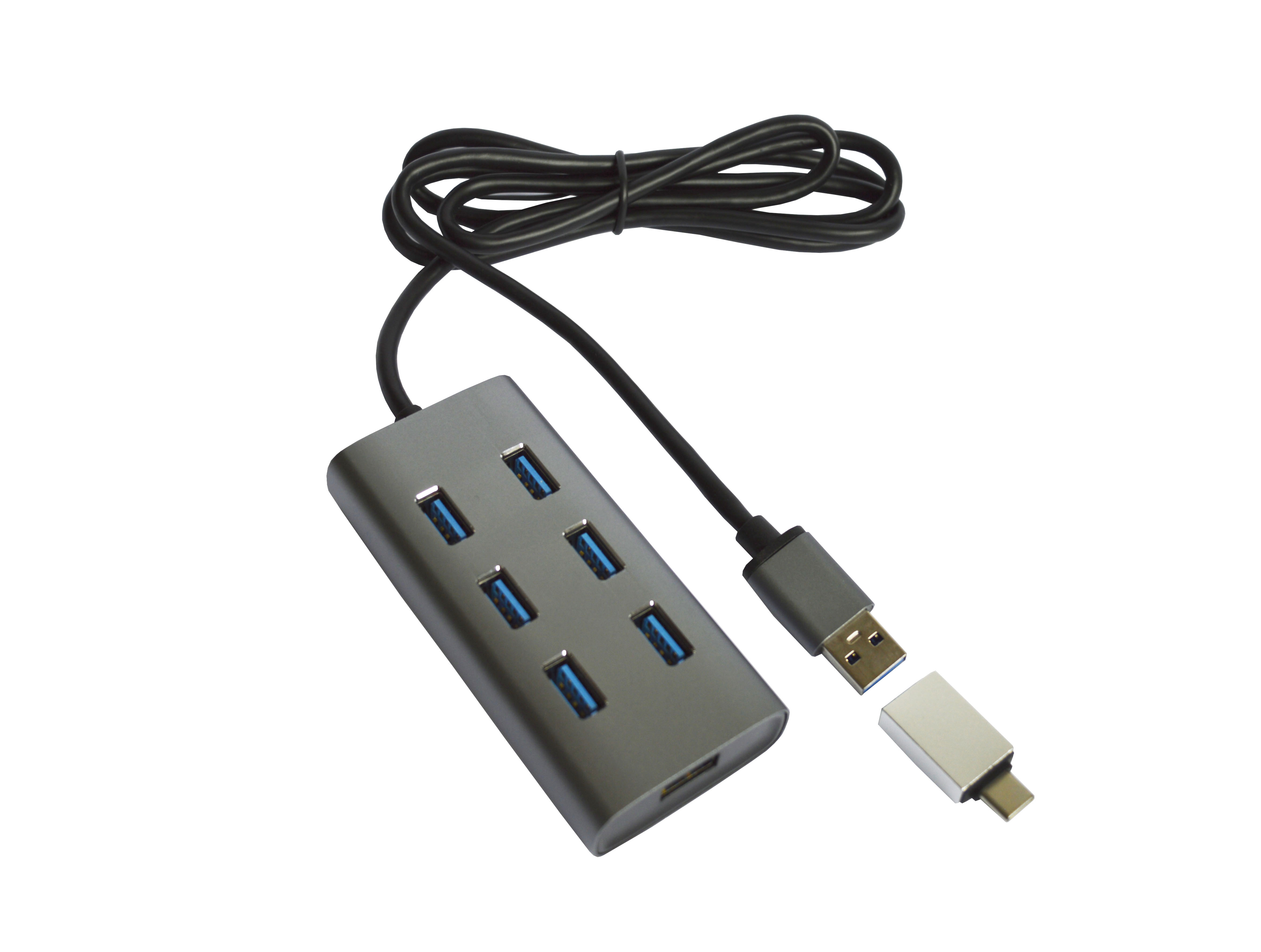 Хаб Maiwo USB 3.0 Type-A / Type-C to 7х USB3.0-порта, кабель 100 см, метал, без БП, серый