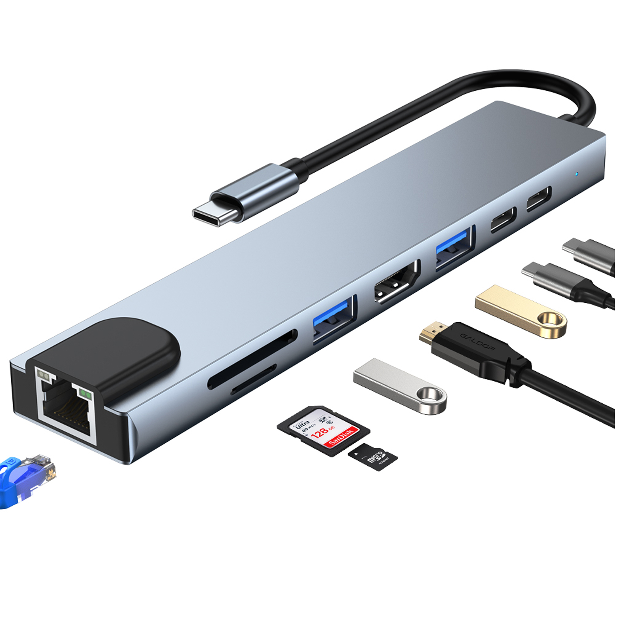 Адаптер Dynamode 8-в-1 USB-C to HDTV 4K/30Hz, RJ45, 1хUSB3.0, 1хUSB2.0, 1хUSB Type-C PD 100W Female