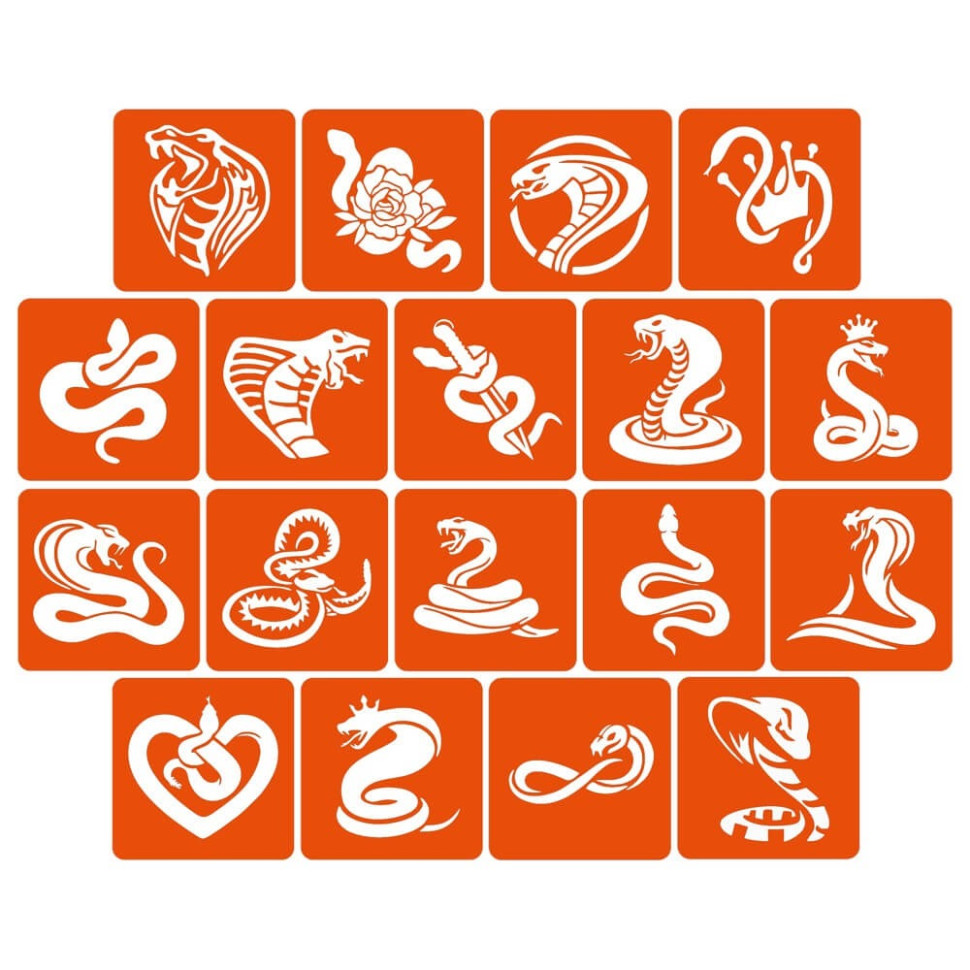Набор трафаретов для биотату "Змеи" snakes_5x5_18_1, 5х5 см 18 простых трафаретов