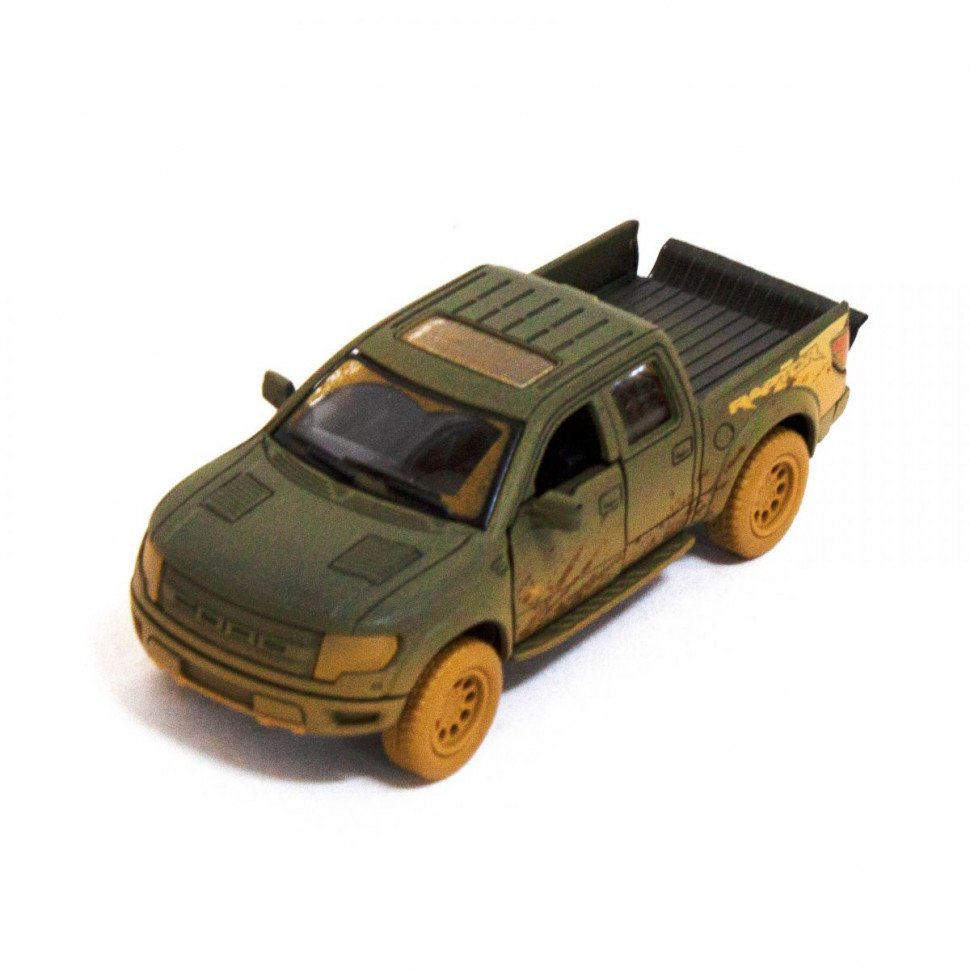 Детская модель машинки пикап Ford F-150 SVT Raptor-Supercrew Muddy Kinsmart KT5365WY инерционная, 1:46 Dark-Green