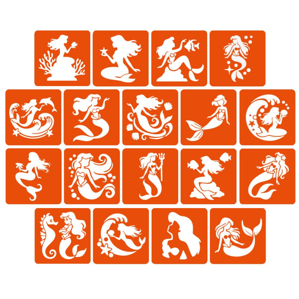 Набор трафаретов для био-тату "Русалки" mermaids-5x5-18, 18 трафаретов
