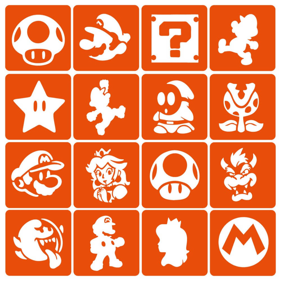 Набор трафаретов для био-тату "Super Mario" (super-mario-simple-16) 16 шт, 6х6 см